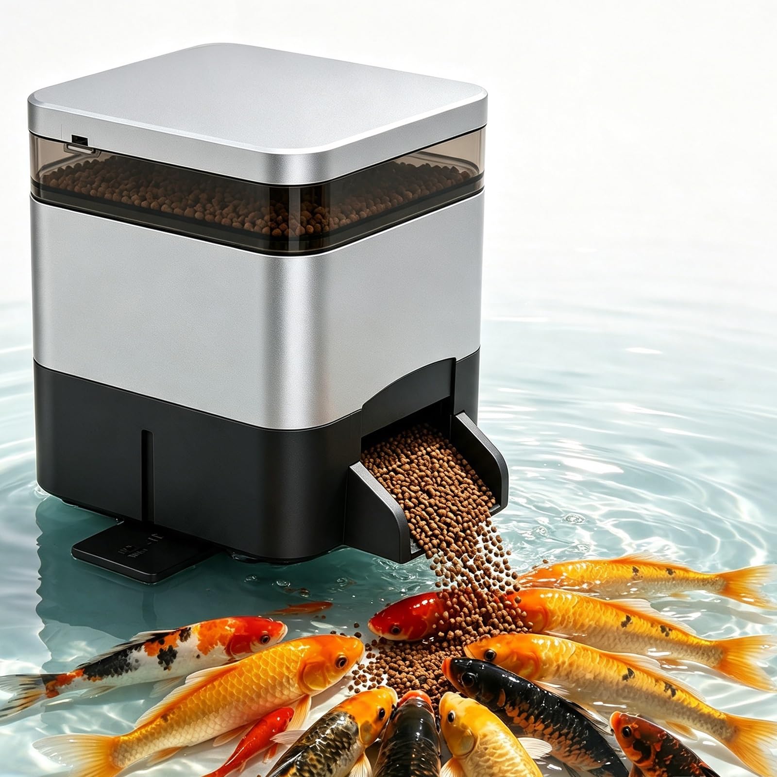 Alimentatore Automatico For Pesci Da Laghetto (a Energia Solare) | Controllo Tramite App + Grande Capacità Da 4 Litri, 1–12 Dosi Al Giorno, Pellet Da 1–12 Mm(Silver)