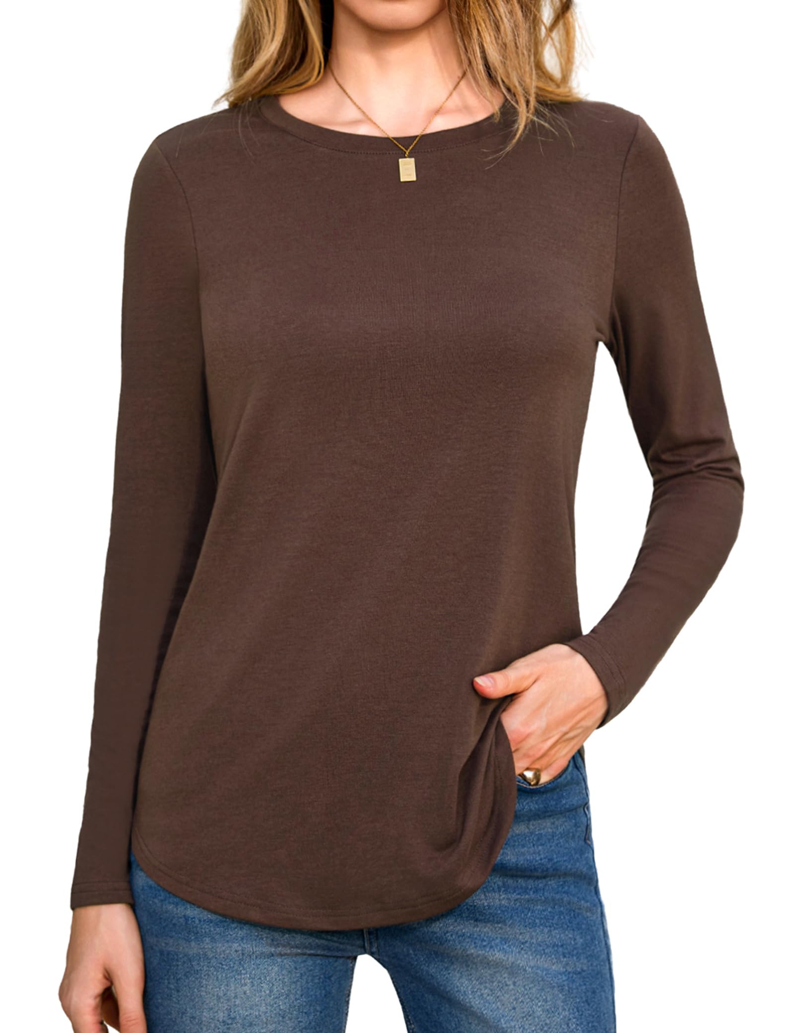 Aottori Langarmshirt Damen Rundhals Oberteile Langarm Shirt Elegant Lose Baumwolle Longshirt T-Shirt Pullover Einfarbig Basic Top Frühling Herbst