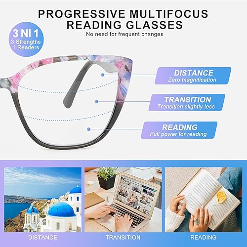 Miniatura 2 de OuShiun Paquete de 3 lentes de lectura progresivos multienfoque, sin línea, lector multifocal, lentes de bloqueo de luz azul para mujer