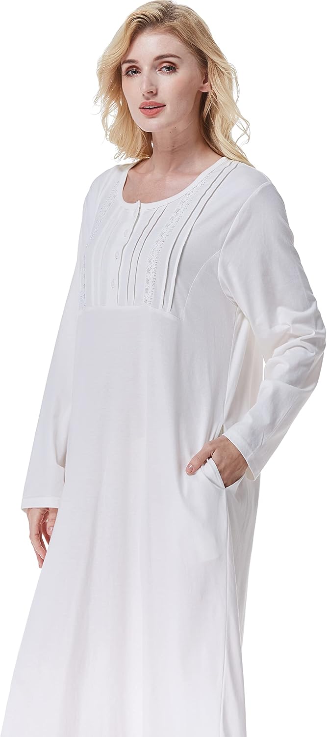 Keyocean Nightgowns for Women with Pockets Soft Cotton Comfy Lightweight Long Sleeves Ladies Nightdress - Image 8