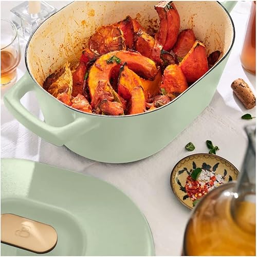 Miniatura 4 de Generic Horno holandés de hierro fundido esmaltado horno holandés de hierro fundido antiadherente de 6 cuartos de galón olla esmaltada con tapa verde