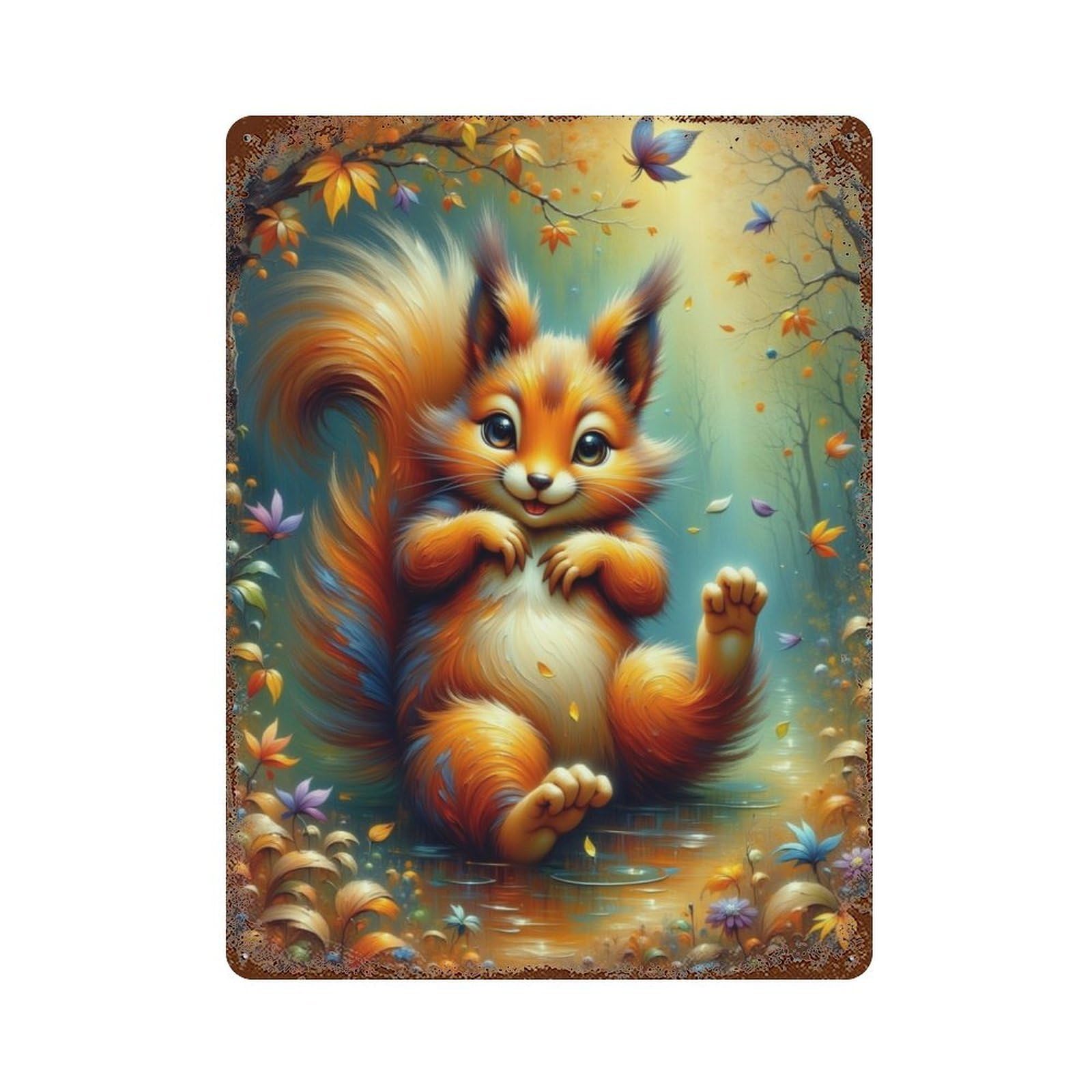 Autumn Squirrel Fantasy Rustic Tin Plaque 15.7"x11.8", Ideal for Patio, Garden Room And Bar Decor