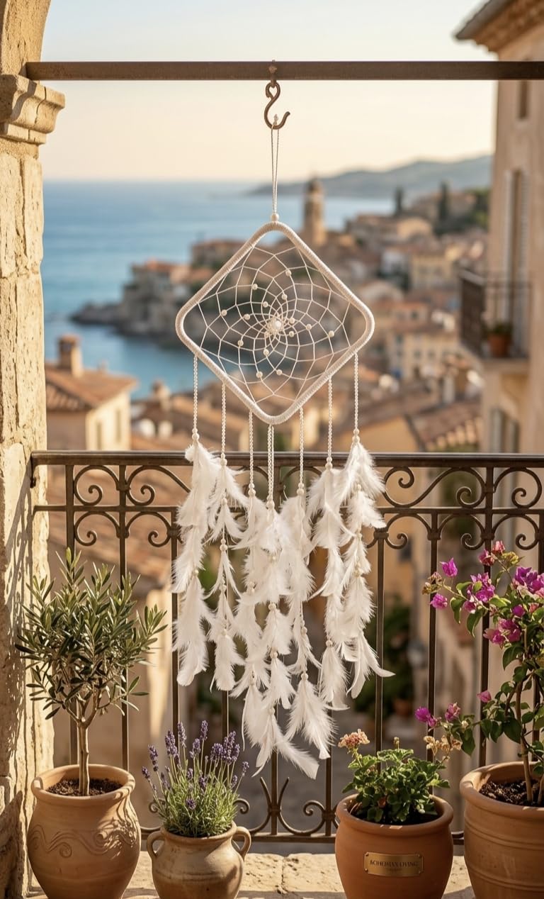 White Boho Dream Catcher Wall Hanging for Home Décor – 22 Inch Total Length, 8 Inch Diameter Handmade Feather Dreamcatcher for Bedroom, Living Room, Nursery & Positive Energy Decoration-image-24