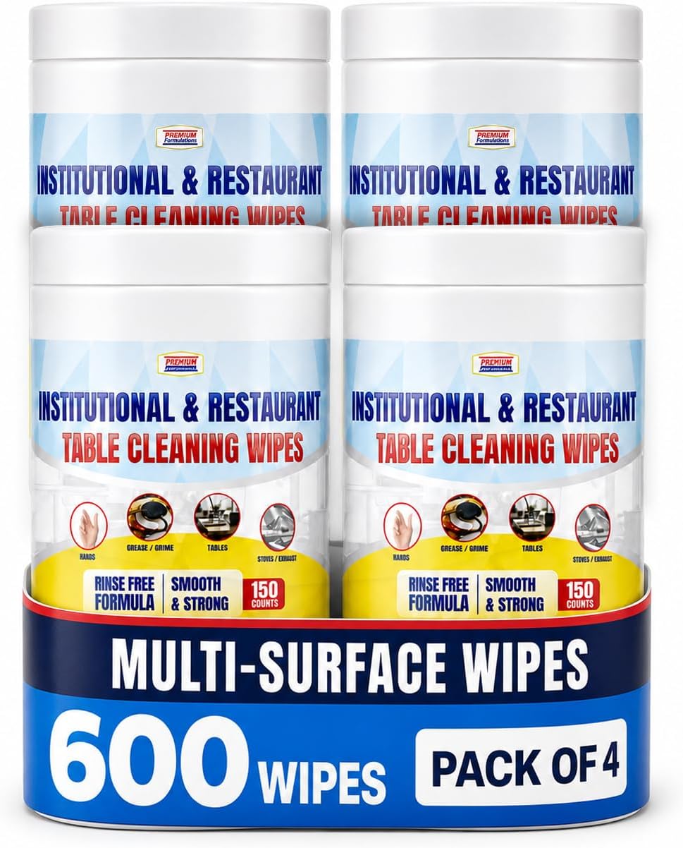 [Bulk 600-Count] Premium Formulations Institutional & Restaurant Table Cleaning Wipes, 150 Count (Pack of 4) Quick-Dry, Residue-Free, Pre-Moistened Wipes for Restaurants, Kitchens, Counters
