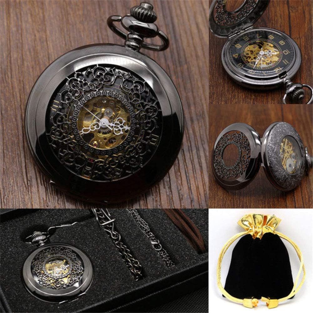 OIFMKC Pocket Watch Vintage Mechanical Pocket Watch Set Luxury Pendant Watch for Men Men with Pocket & Necklace Chain Pouch Bag,Black Hollow Flower
