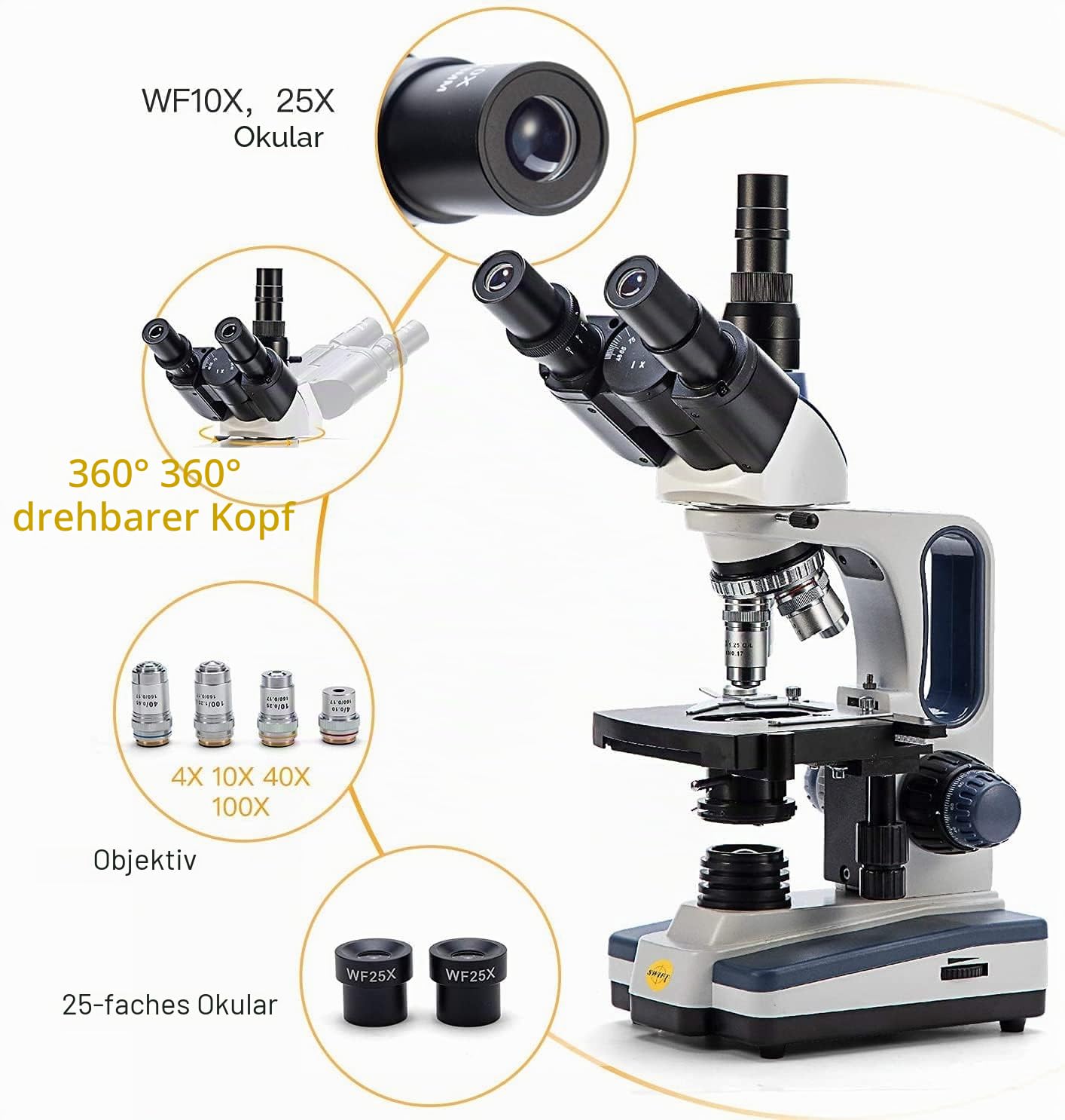 Swift SW350T Trinokular mikroskop, 40- bis 2500-fache Vergrößerung, zweistufiger Objekttisch, mit 5,0-MP-Kamera und Windows/Mac-kompatibler Software sowie 5 präparierten und 5 leeren Objektträgern