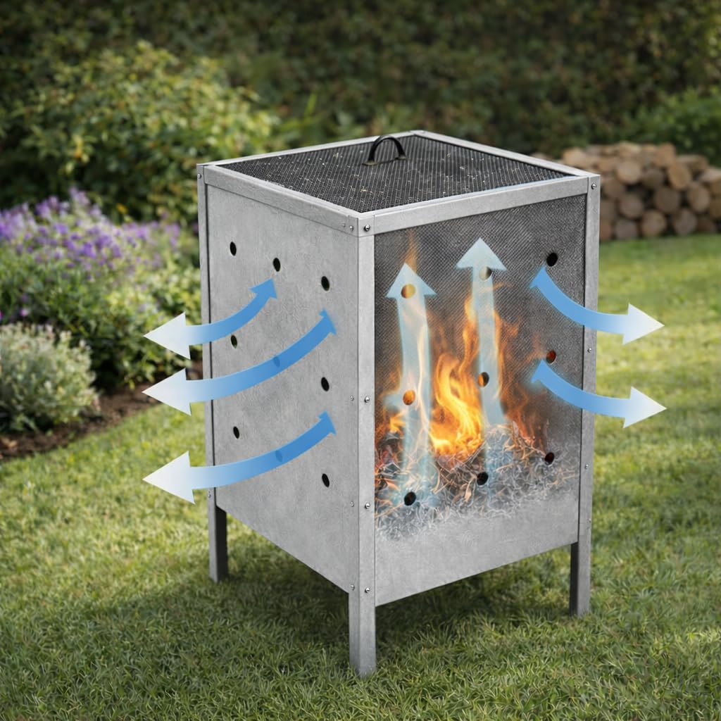 Verbrennungsbehälter für Gartenabfälle, groß, 73,7 x 40,6 cm, quadratisch, verzinkt, zum Verbrennen von Hofschmutz, Holz, Blättern und Karton – komplett mit Montagewerkzeugen