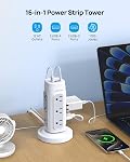 TROND Tower Power Bar Surge Protector, PD 20W USB-C 12 Outlet 5ft White | Retractable Flat Plug Extension Cord, Space-Saving Vertical Power Strip 1700J, Home Office Desk Dorm Essentials