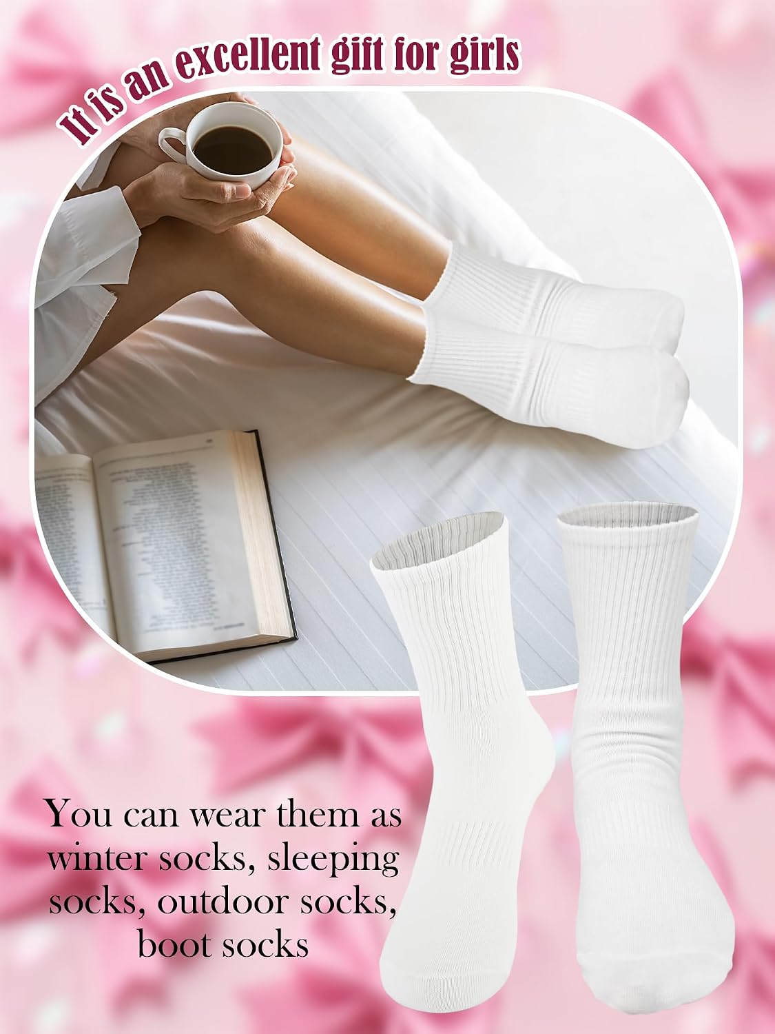 6 Pairs Pilates Socks with Grips Non Slip Athletic Grippy White Crew Socks for Woman Dance Yoga Gym Ballet Workout
