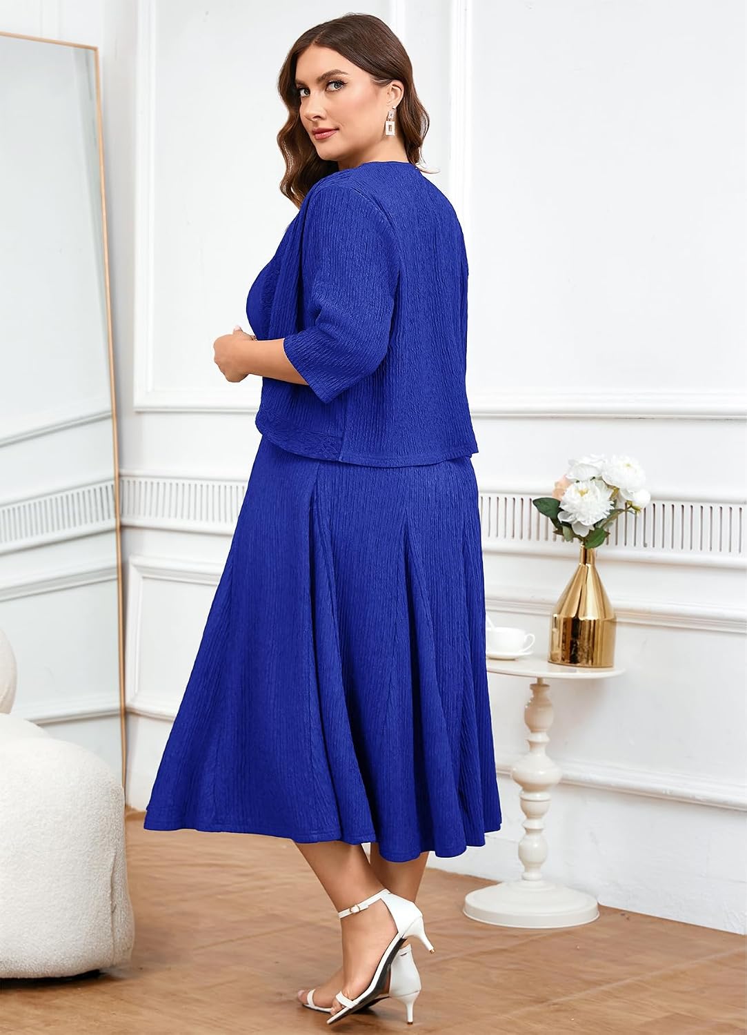 ZOMVA Plus Size Mother of The Bride Groom Dresses for Curvy Women 2 Piece Wedding Guest Dress with Jacket Tea Length