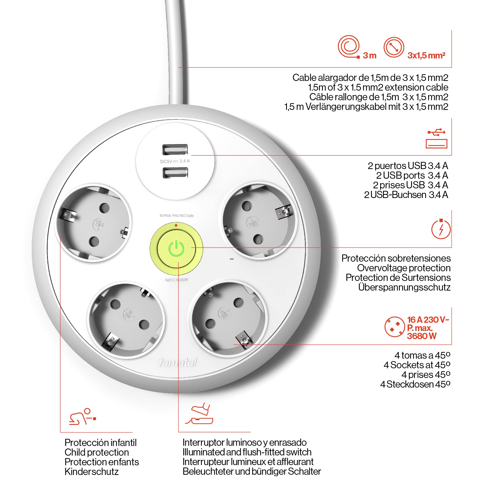 FAMATEL – Multipresa rotonda a 4 prese + 2 prese USB + interruttore | cavo da 3 m | con TT | 16 A | 250 V | Bianco | Spina USB di Ricarica Rapida | Protezione Sovratensioni