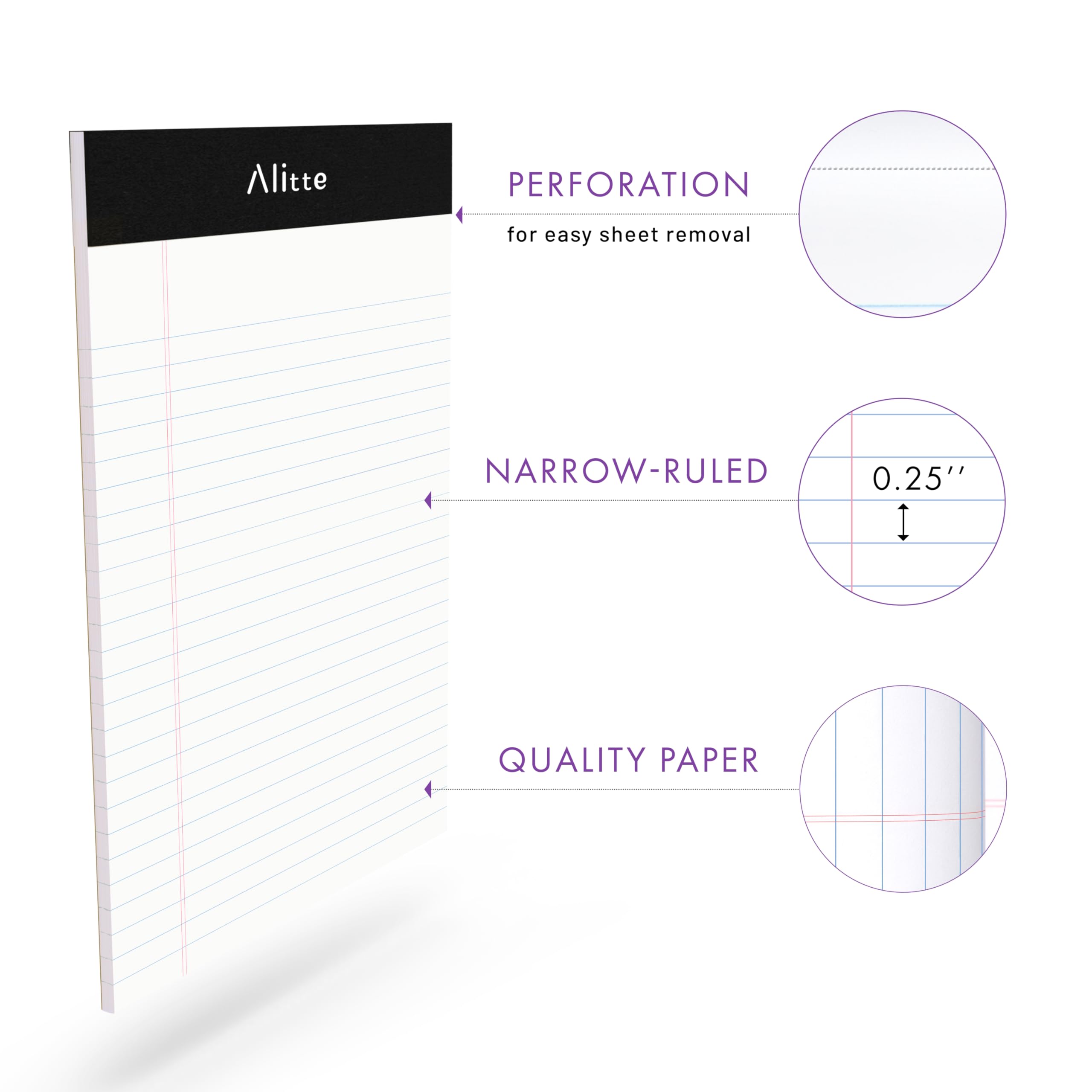 Alitte Legal Notepads 5x8, Pack of 12 - Perforated Narrow Ruled Writing Pad - Premium Thick Paper, No Ink Bleeding - Blank Legal Pads For Home, Office, School, Business - 50 Sheets Per Notebook - Image 2