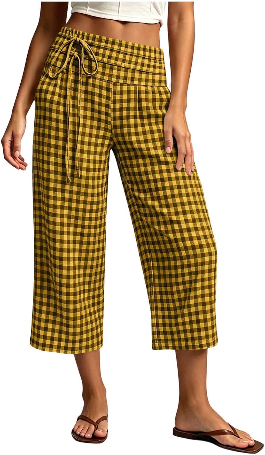 Womens Gingham Cropped Pants Drawstring High Waist Wide Leg Pants Lightweight Summer Fashion Casual Trousers