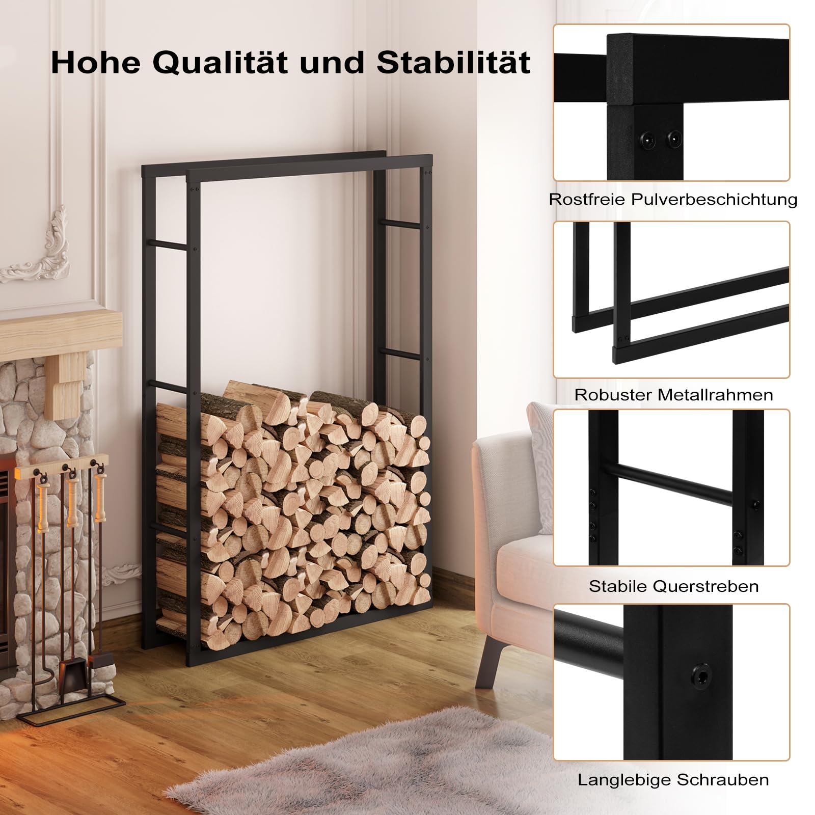 Étagère à Bois De Cheminée Métal 150x60x25 Cm | Support Bûches Intérieur/extérieur | Noir, Rangement Pratique