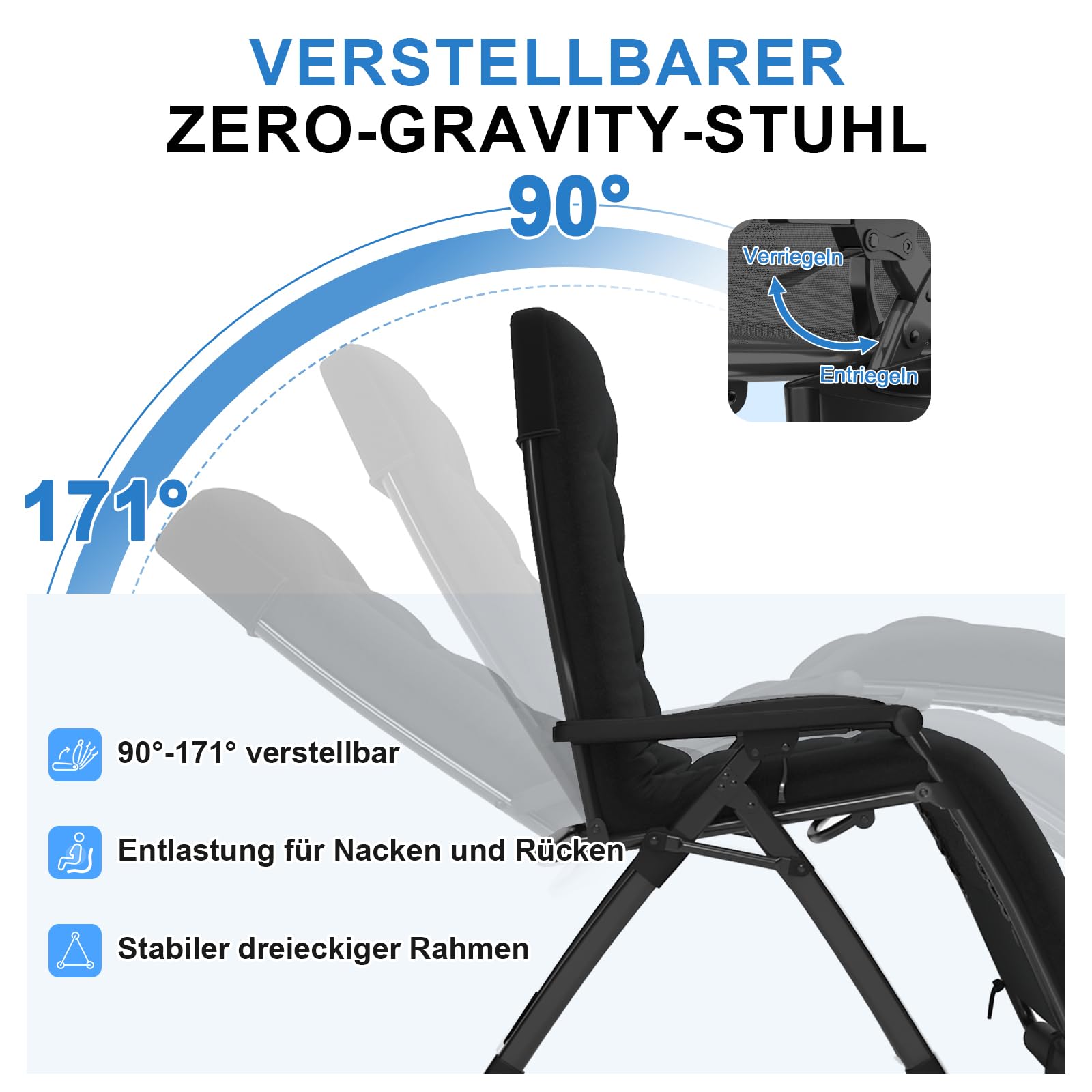 Liegestuhl klappbar, Deckchair,Gartenliege wetterfest,Outdoor Relaxsessel mit Liegefunktion,Verstellbare Rückenlehne, Nackenkissen,200 kg,Sonnenliege klappbar für Balkon,Strand,Pool (Schwarz,72 cm)