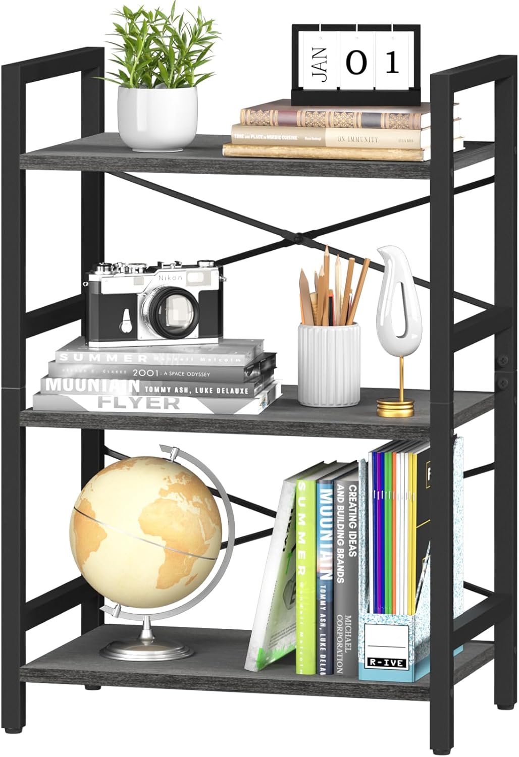 Yoobure Bookshelf Small Book Shelf, Solid Industrial 3 Tier