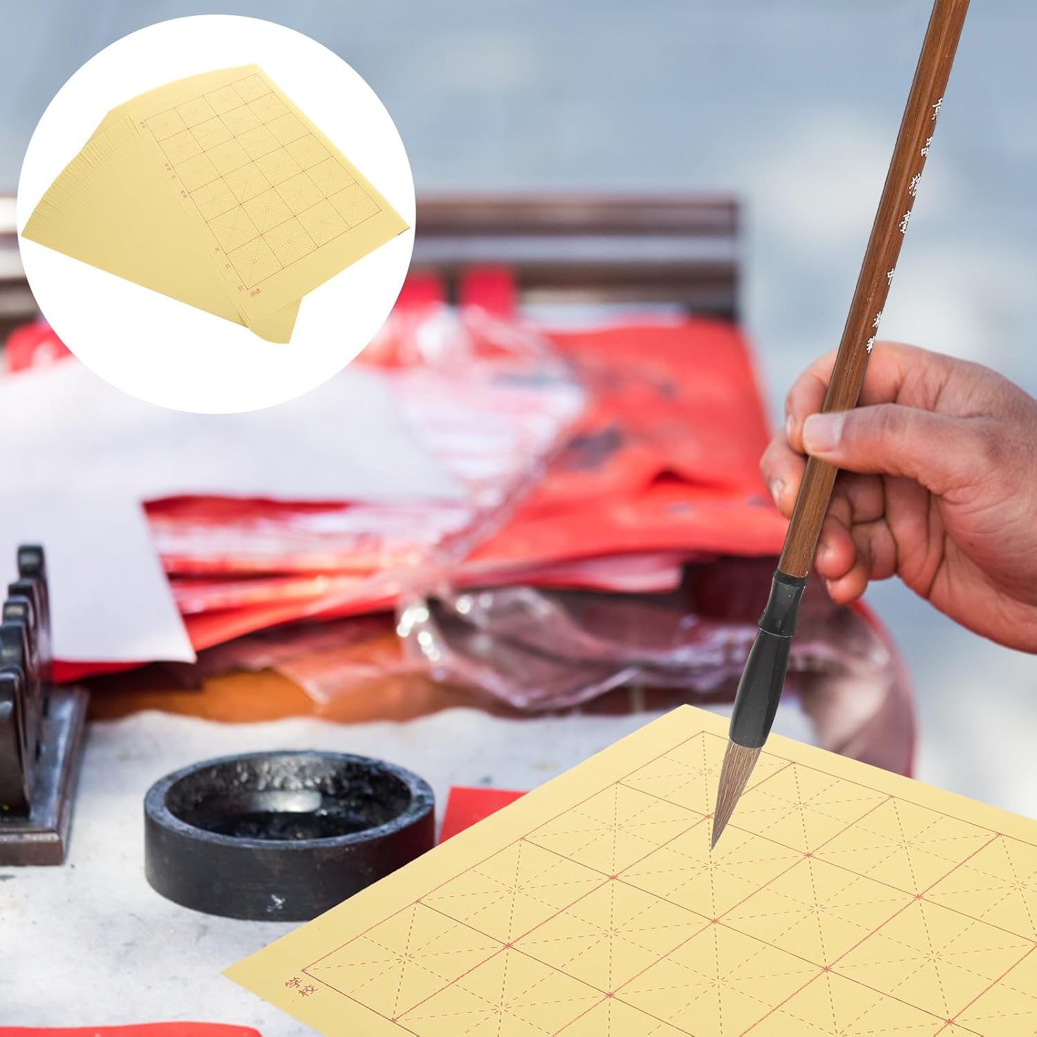 Healifty 150枚 中国書道紙 方眼紙 玄米紙 中国書道筆 墨愛好家 初心者 筆記 墨 セット