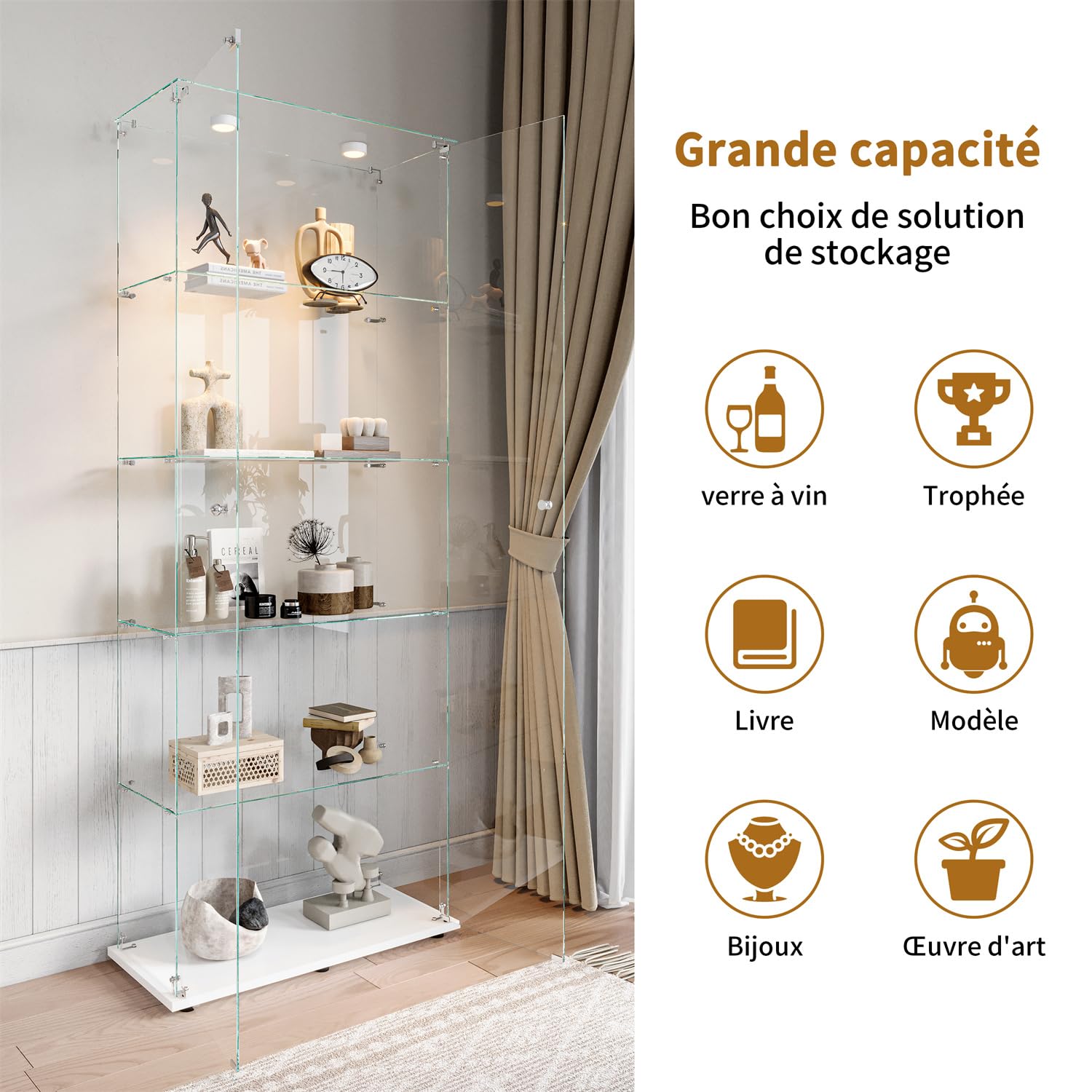 Vetrine in Vetro da Terra con LED,Vetrina Espositiva con 5 Ripiani in Vetro,Vetrinetta Soggiorno Moderna con 2 Porta e Serratura,Vetrina Espositore per Collezionismo,Libri,Vino,Bianco