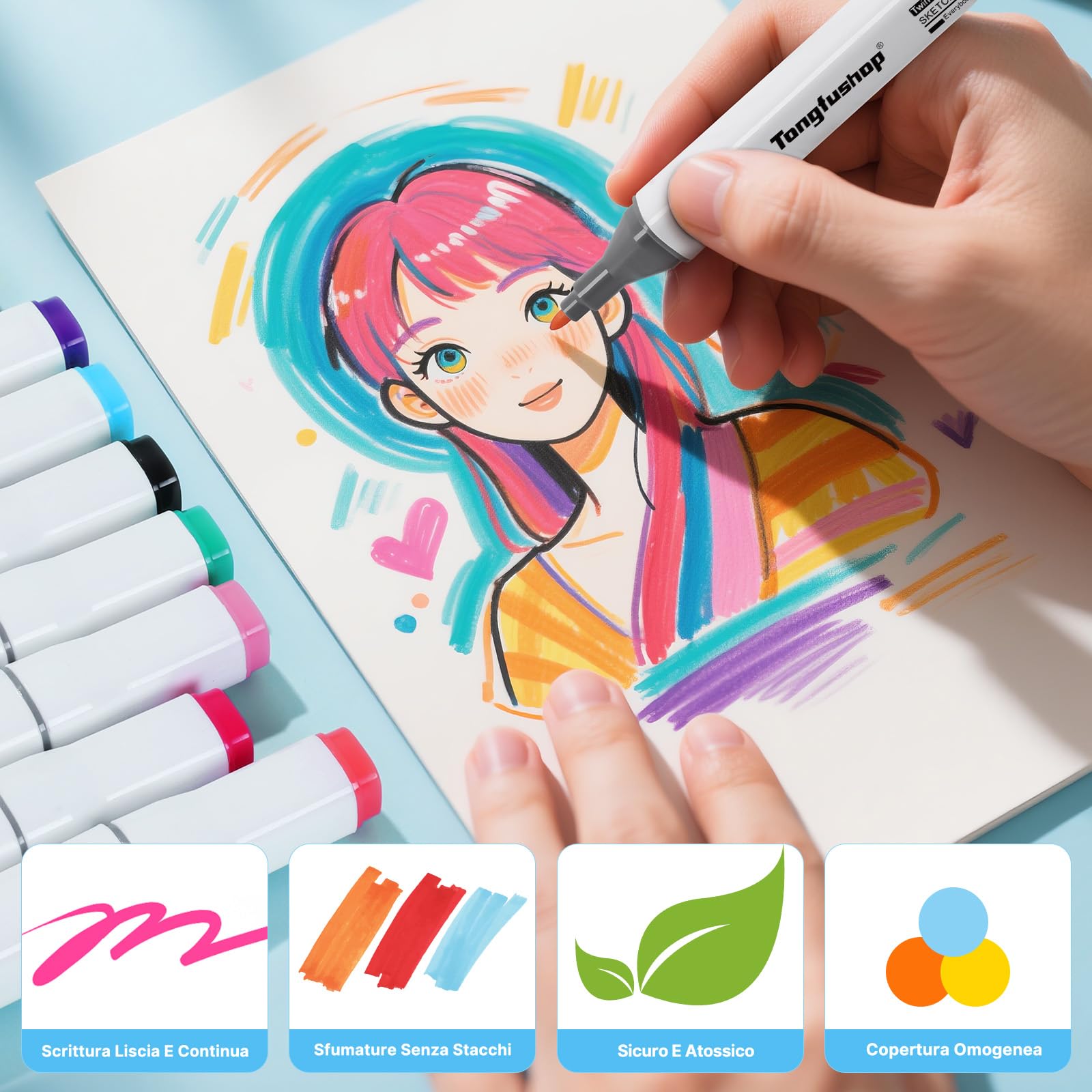 Tongfushop Marcatore 80 Colori, Pennarelli Doppia Punta, Pennarelli ad Alcool Professionali con Borsa e Distanziatore, Adatti per Sketch, Colorare, Illustrazioni, Disegnare, Anime