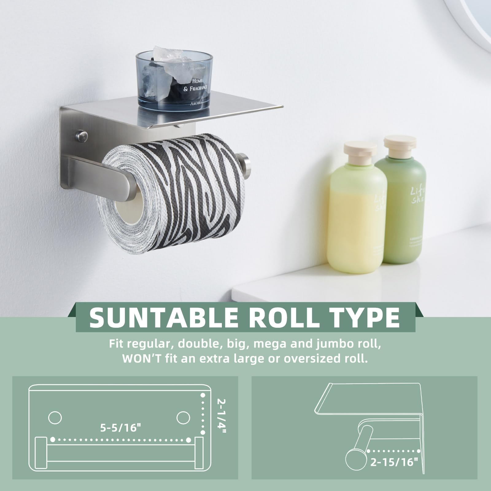 Soporte de papel higiénico de níquel cepillado, soporte de rollo de papel higiénico de acero inoxidable SUS 304 con estante, montado en la pared 8