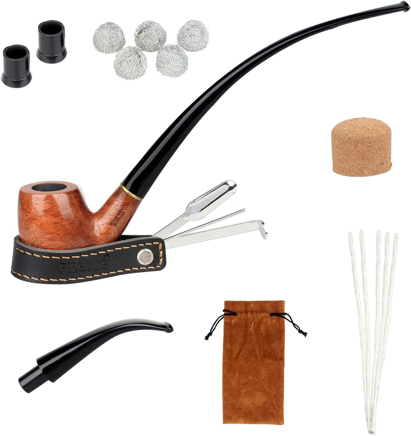 FIREDOG Tobacco Pipe Kit, 2-in-1 Churchwarden Tobacco Pipe with Pipe Cleaners, Pipe Scraper Holder, Pipe Bits, Metal Balls, Cork Knockers Accessories