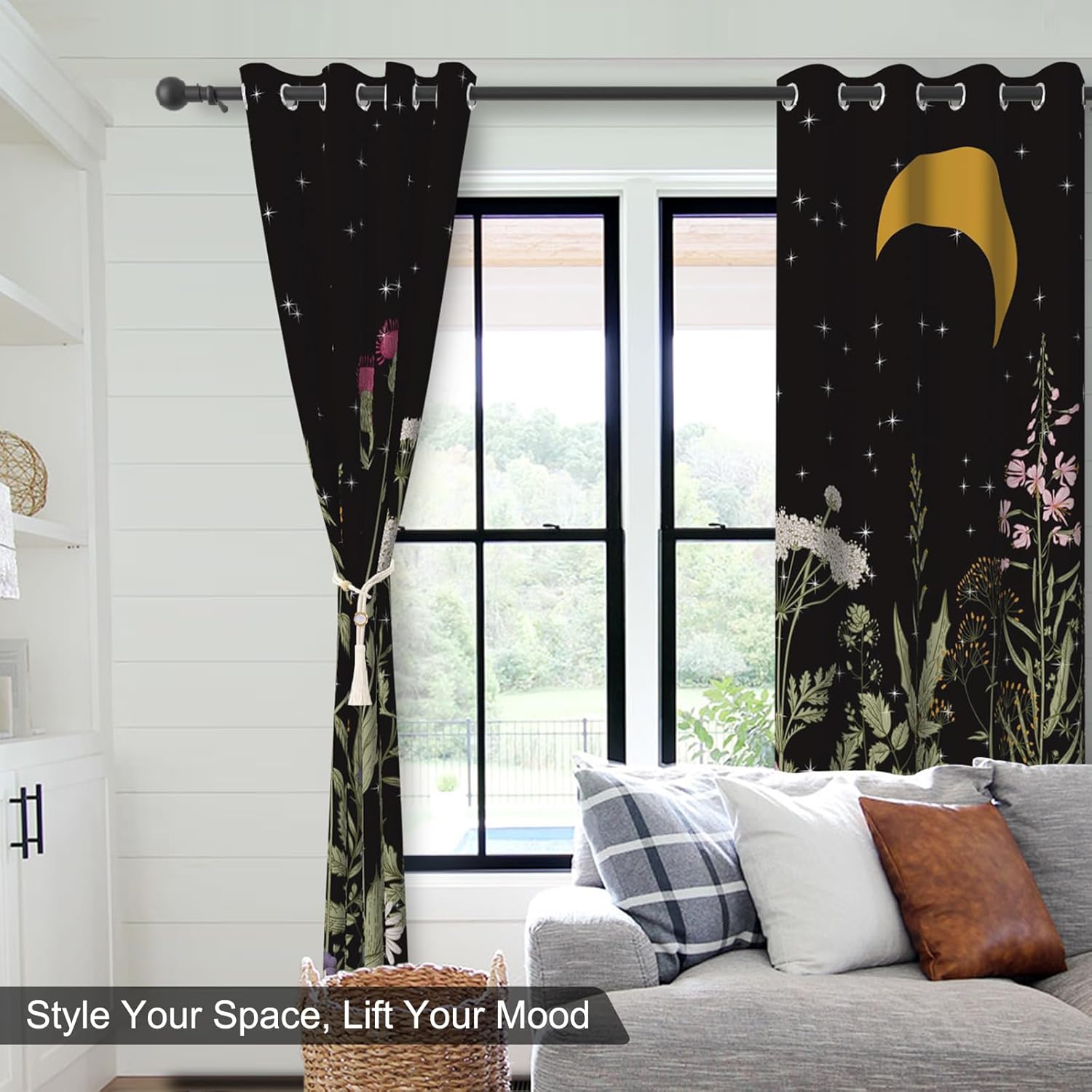 Black Floral Printed Blackout Curtains for Bedroom and Nursery, Thermal Insulated Light Filtering Drapes 84 Inch Length 2 Panels Set, Room Darkening Soundproof Privacy Winter Curtains with Tiebacks
