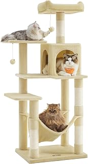 Feandrea Kratzbaum, 56,3 Zoll Katzenturm für Indoor-Katzen, mehrstufige Katzenhütte mit 4 Kratzstämmen, 2 Sitzstangen, Hängematte, Höhle, Beige UPCT161M01