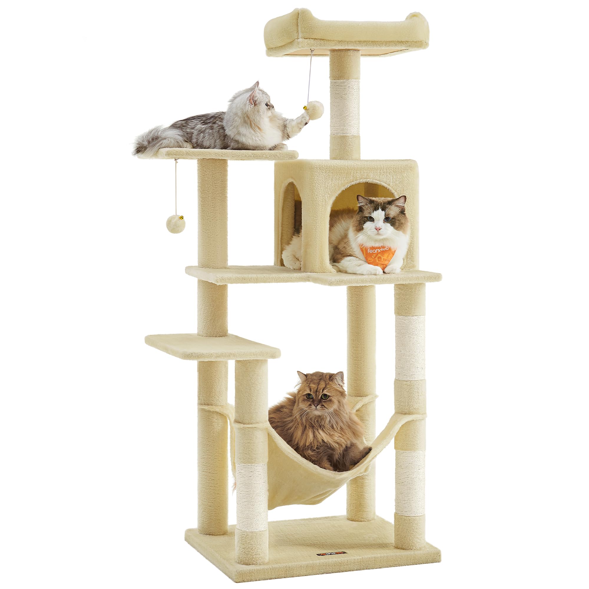 Feandrea Krabpaal, meerlaags kattenhuis, 143 cm hoog, met 4 krabpalen, 2 platforms, hangmat, grot beige PCT161M01