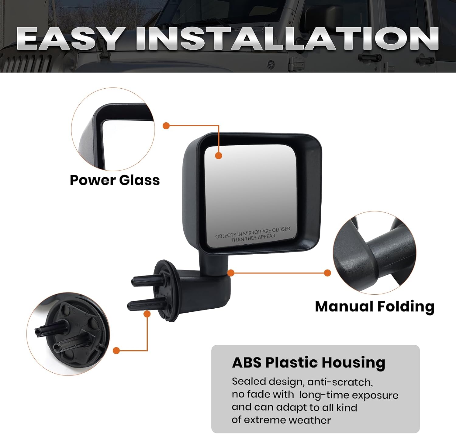 Right Passenger Side Mirror Compatible with Jeep Wrangler JK 2007 2008 2009 2010 2011 2012 2013 2014 2015 2016 2017 Full Manual Non-Heated Rear View Mirrors Replacement