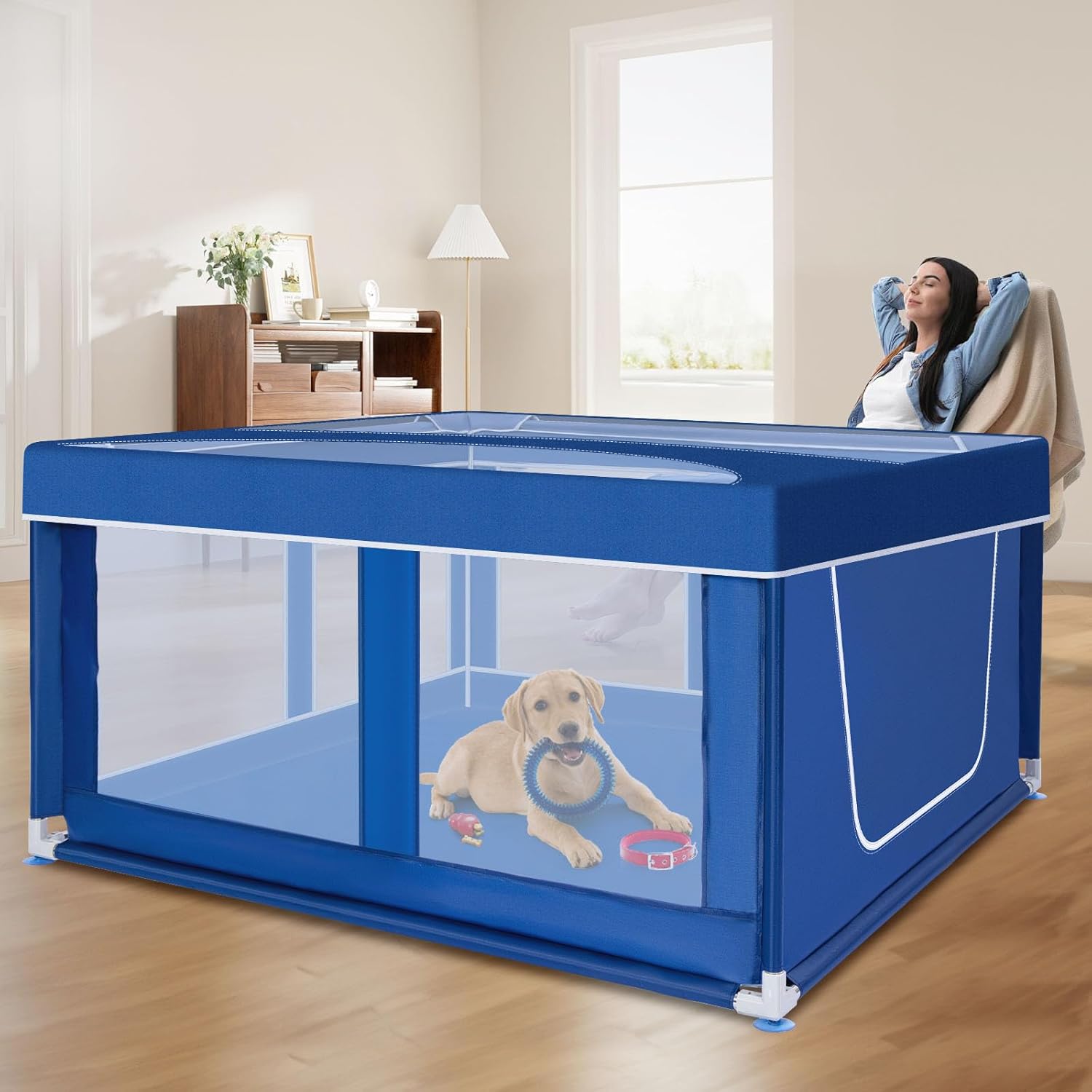 42x42 Inches Puppy Playpen with Top Cover, Dog Playpen for Small or Puppy Dogs, Pet Playpen for Indoor & Outdoor, Sturdy Safety Dog Crate with Durable Mesh Windows, Blue Blue 42X42X25.6 With Cover