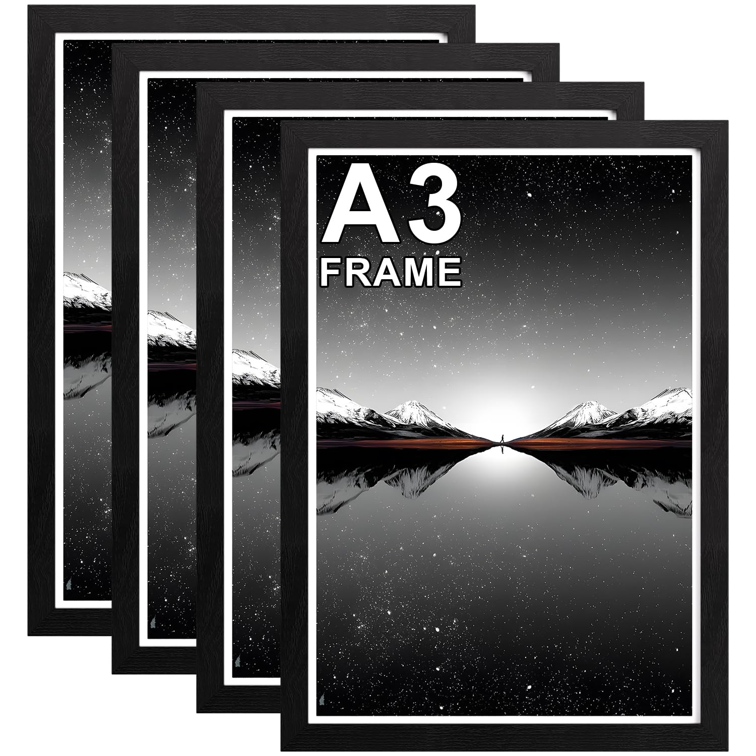 Pycisid A3 Picture Frames, Pack of 4 Poster Frames for A3 Print, Black A3 Photo Frames (29.7x42cm) with Safe Perspex, Wall Mounted