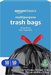 Amazon Basics 30 Gallon Multipurpose Drawstring Trash Bags, 20% Post Consumer Recycled, Black with Red Drawstring, 50 Count