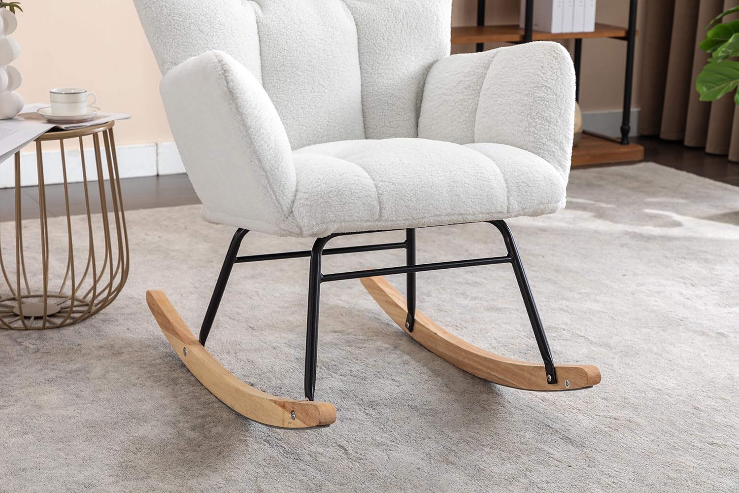 Modern Ivory White Teddy Fabric Rocking Gilder Nursery Chair for Living Room Bedroom Indoor,Casual Lounge Rocking Armchair