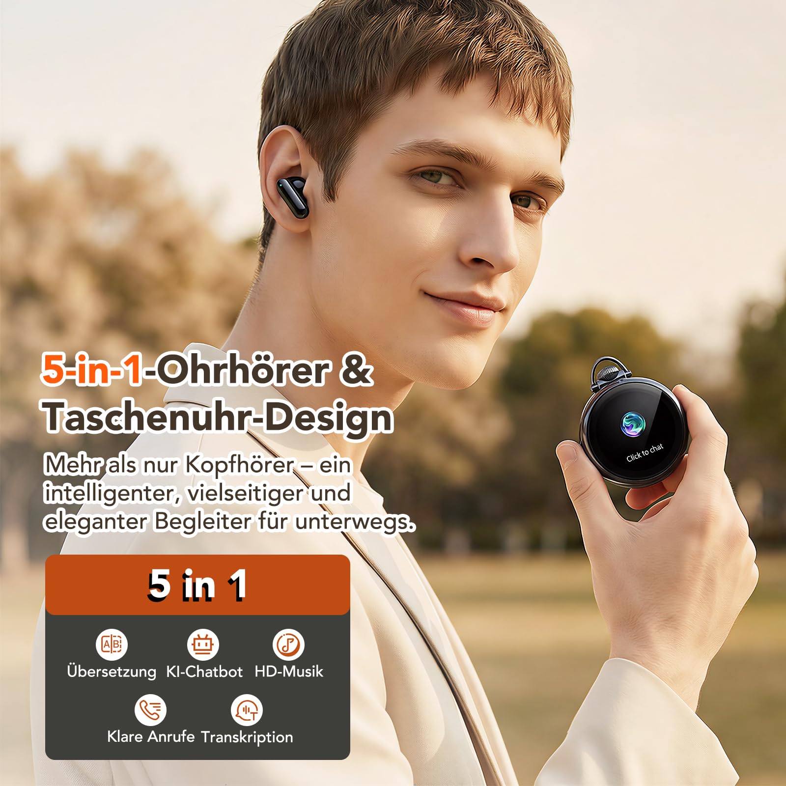 N03 KI Übersetzer Kopfhörer, 134 Sprachen Übersetzungskopfhörer mit 9 Modi - HiFi-Klang Bluetooth 6.0 Taschenuhr-Stil Kabellose Kopfhörer mit Touchscreen für Büro, Sport, Studium (Rosa)