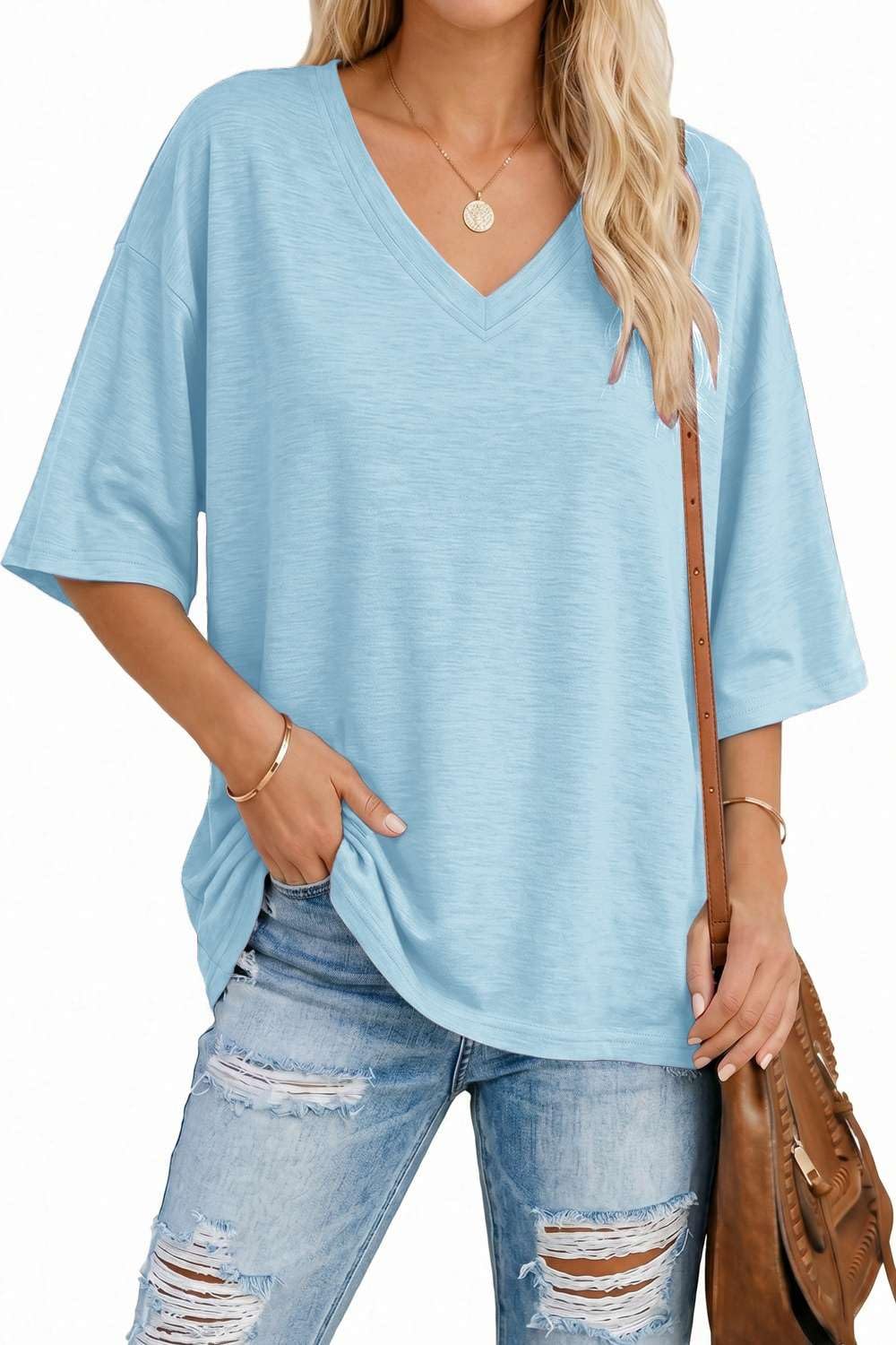 NAIOSS Damen T-Shirt Oversize Kurzarm Oberteil V-Ausschnitt Tunika Sommer Tops
