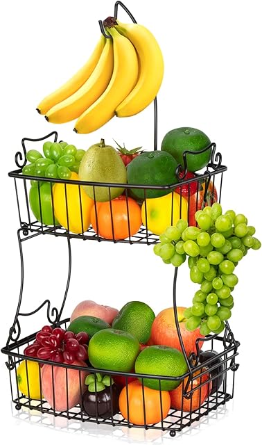 Mutool Fruit Racks with Banana Hanger 2-Tier Fruit Basket Metal Fruit Bowls Kitchen Countertop Fruit Rack Vegetables Bowls Storage Holder for Storing & Organizing Fruit Vegetables Eggs Breads