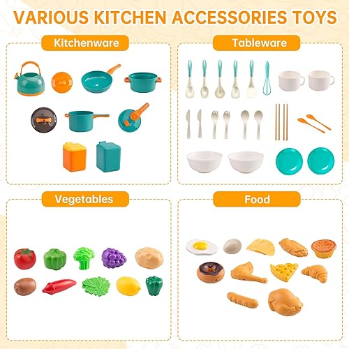 Miniatura 4 de Juego de 60 piezas de mini accesorios de cocina para niños, juego de cocina con utensilios de cocina, vajilla y frutas y barbacoa, regalo de