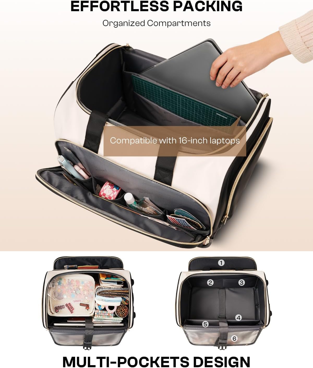 Rolling Craft Bag with Wheels, All-in-One Rolling Scrapbook Tote No Installation Required, Rolling Teacher Bag Fits 16” Laptop, Art bags for supplies for DIY, Sewing, Scrapbooking Supplies,Beige Brown - Image 4