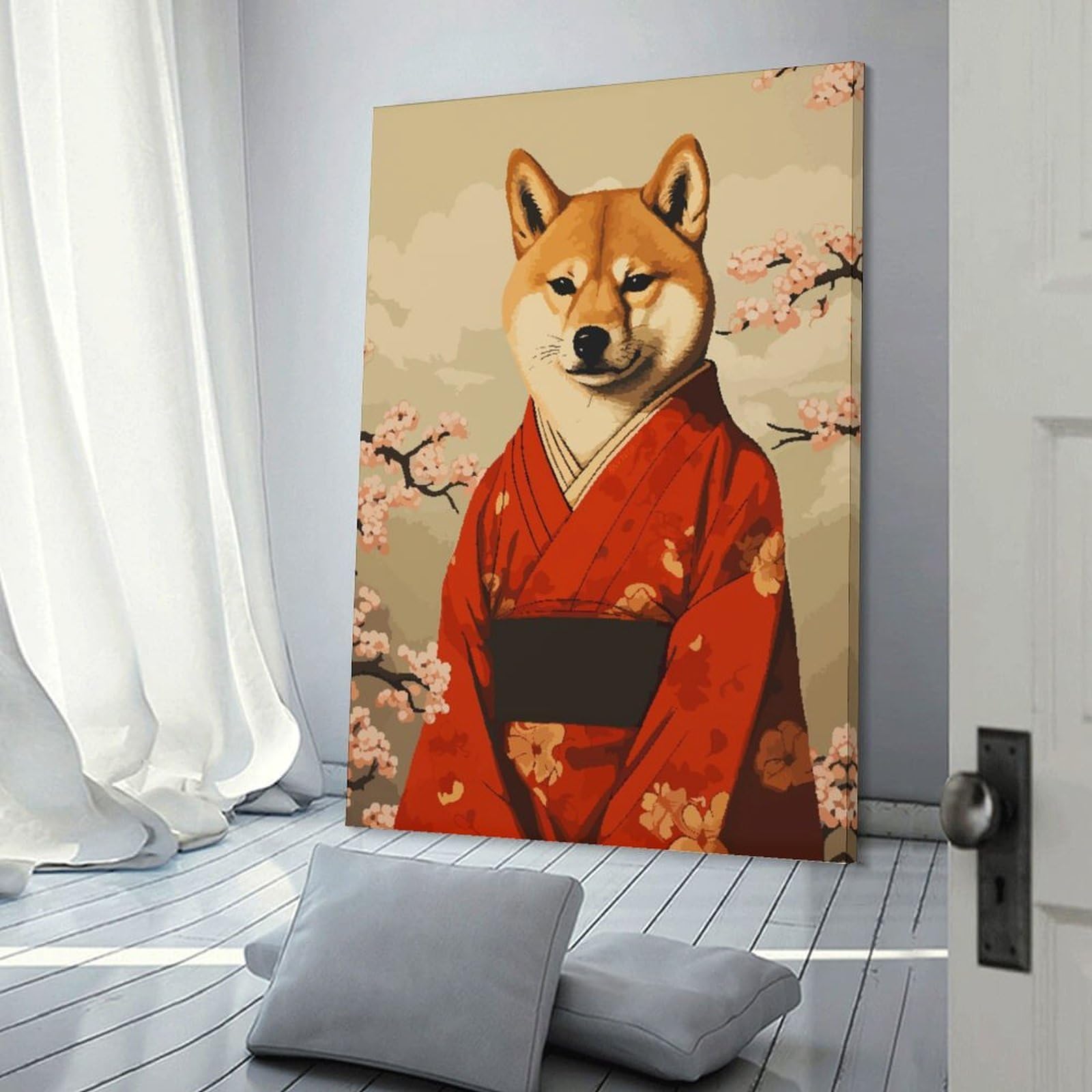 Junmoney Shiba Inu Kimono Pixel Art Wall Decor Canvas Print, 20x30inch(50x75cm), for Living Room, Lounge Or Sitting Room, Easy Decor for Gallery Walls