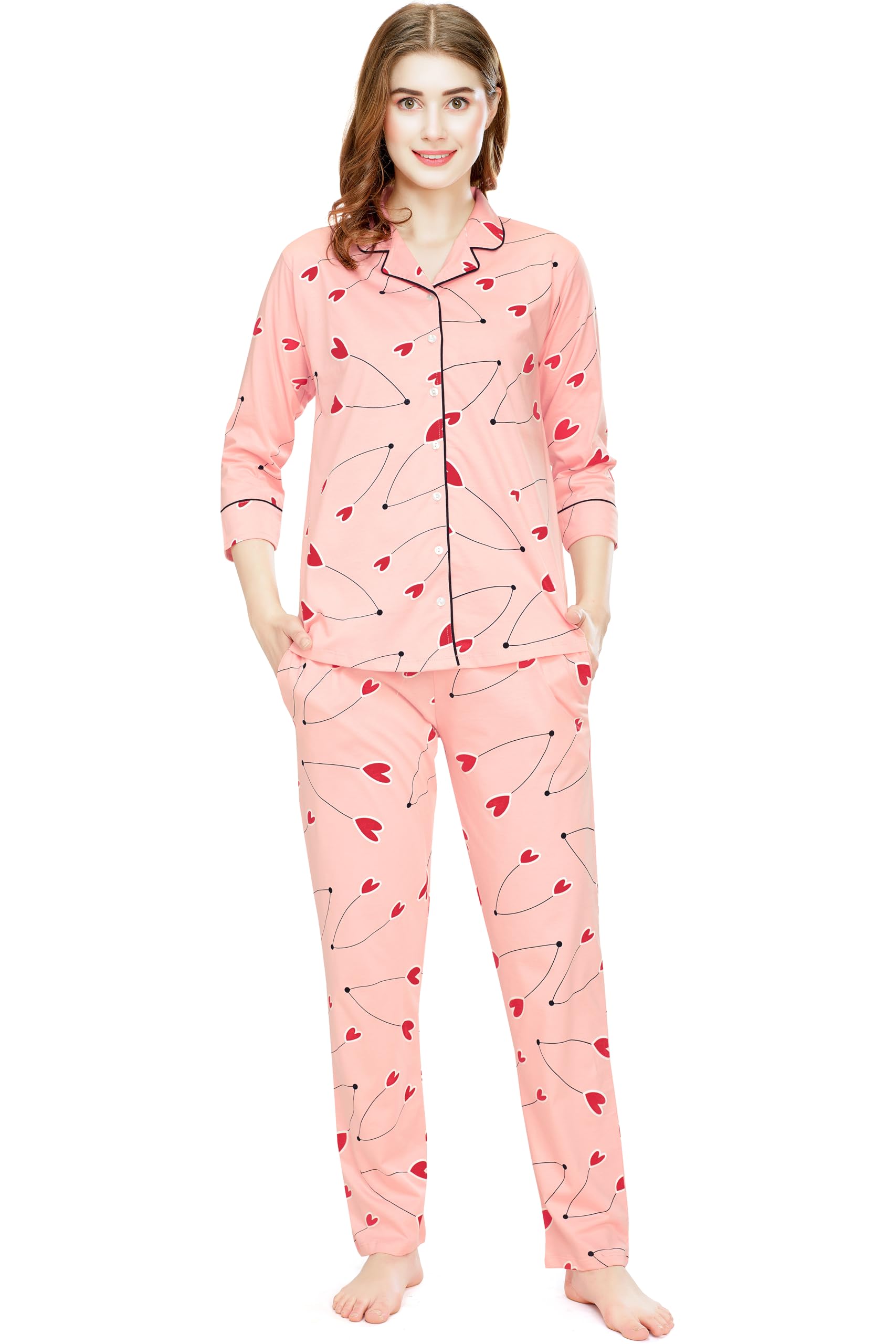 zeyo Night Suit for Women's Heart Printed Cotton Night Dress of Shirt and Pajama Set 5761-picture-49