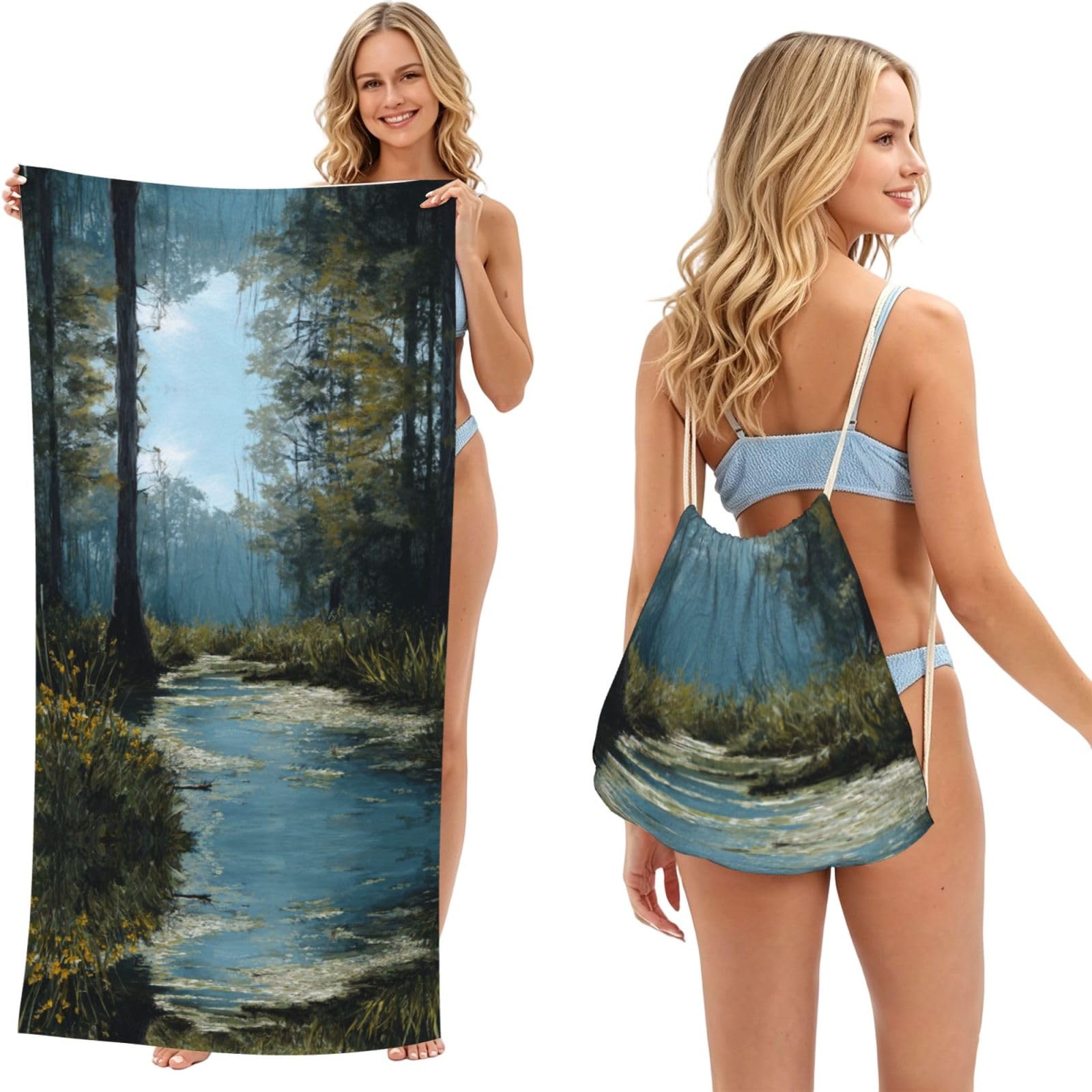 ESNAIUVCD Swamp Wetland Print Beach Towel For Adults,Towel With Drawstring Bag, Travel Pool Swimming Sports Shower Sand Free Quick Dry Bath Towel For Pool, Beach, Yoga- 180x60cm