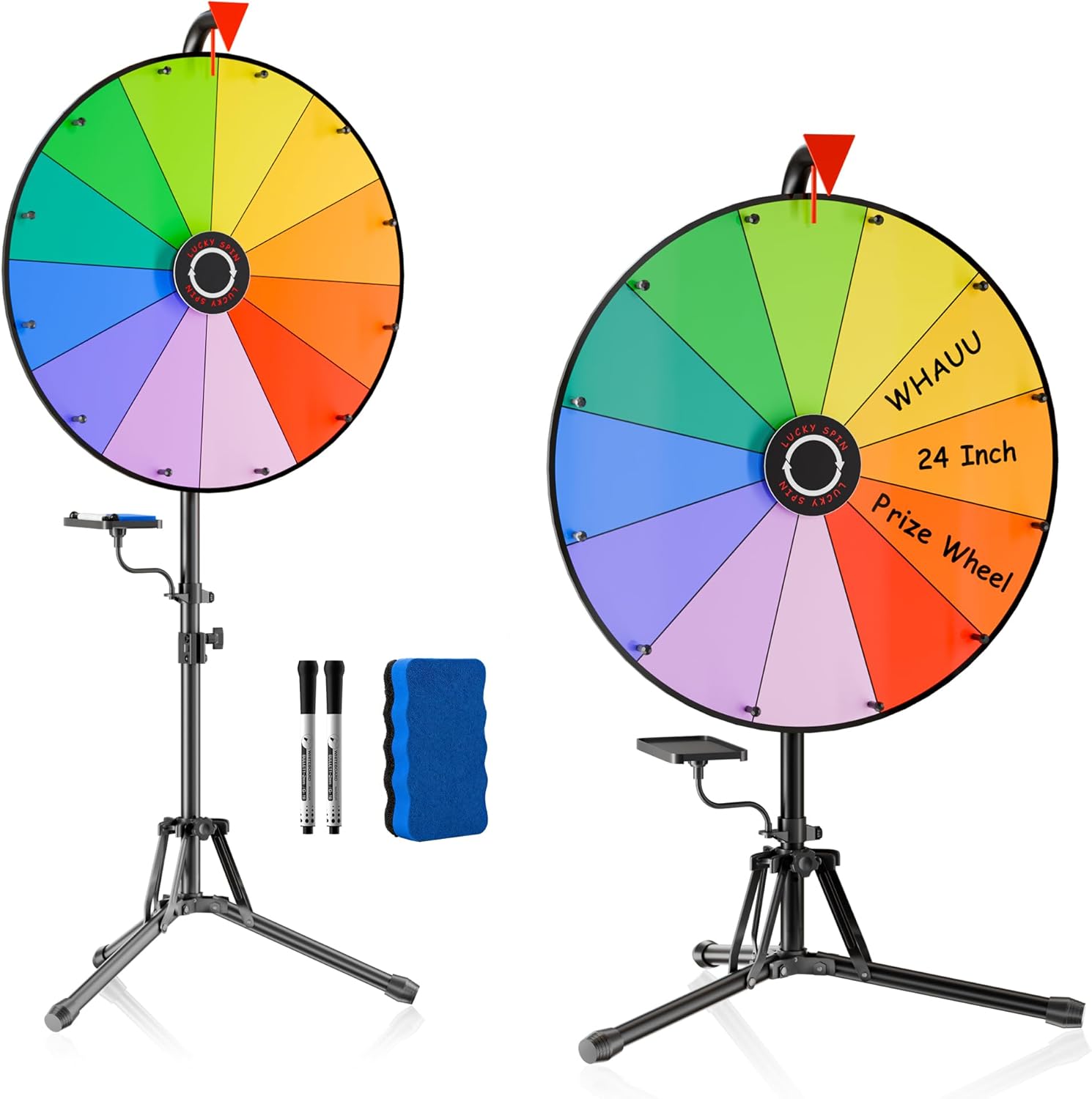 24 Inch Prize Wheel, Spinning Wheel for Prizes with Folding Tripod Stand, 12 Color Slots Dry Erase Spinner with Eraser for Carnival, Trade Show, Party Games, Classroom Activities