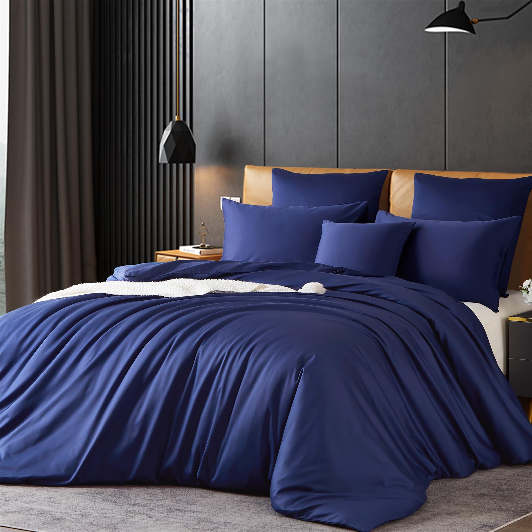 Gezu Mako Satin Bed Linen 155 x 220 cm Cotton Satin Duvet Cover Blue Navy 3-Piece Soft Breathable Bed Linen 100% Cotton Duvet Cover 155 x 220 cm and 2 Pillowcases 80 x 80 cm with Zip
