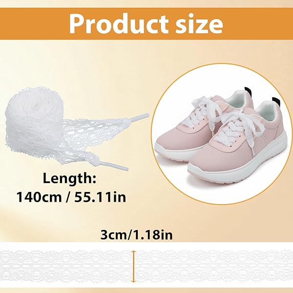 Thinp Lot de 2 paires de lacets en dentelle blanche - Largeur : 3 cm - Dentelle plate - Pour femme - Chaussures de sport - Chaussures de course - Blanc - 140 cm - 3