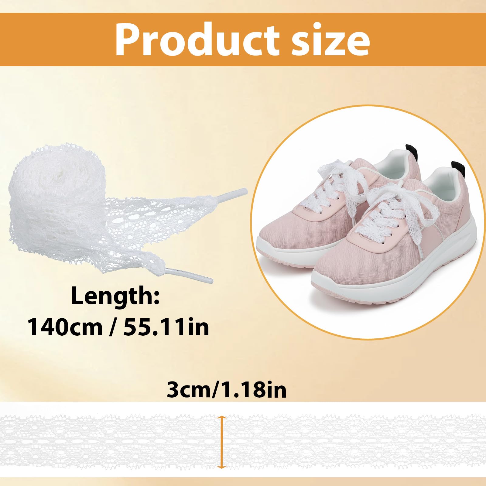 Thinp Lot de 2 paires de lacets en dentelle blanche - Largeur : 3 cm - Dentelle plate - Pour femme - Chaussures de sport - Chaussures de course - Blanc - 140 cm - 4