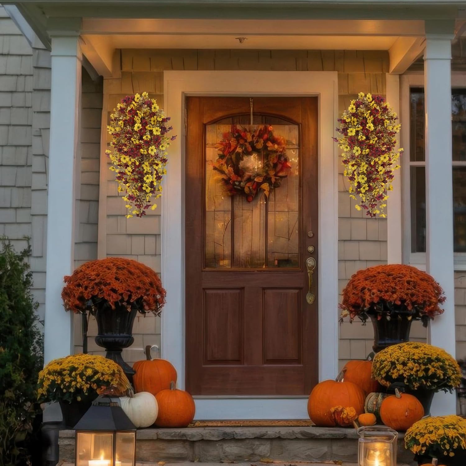 4 Pcs Artificial Mums for Outdoors Fall Hanging Flowers Decorations Faux Silk Daisy Flowers Outside Autumn Burgundy Yellow Faux Mums for Outdoor Planters Home Indoor Porch Yard Decor - Image 5