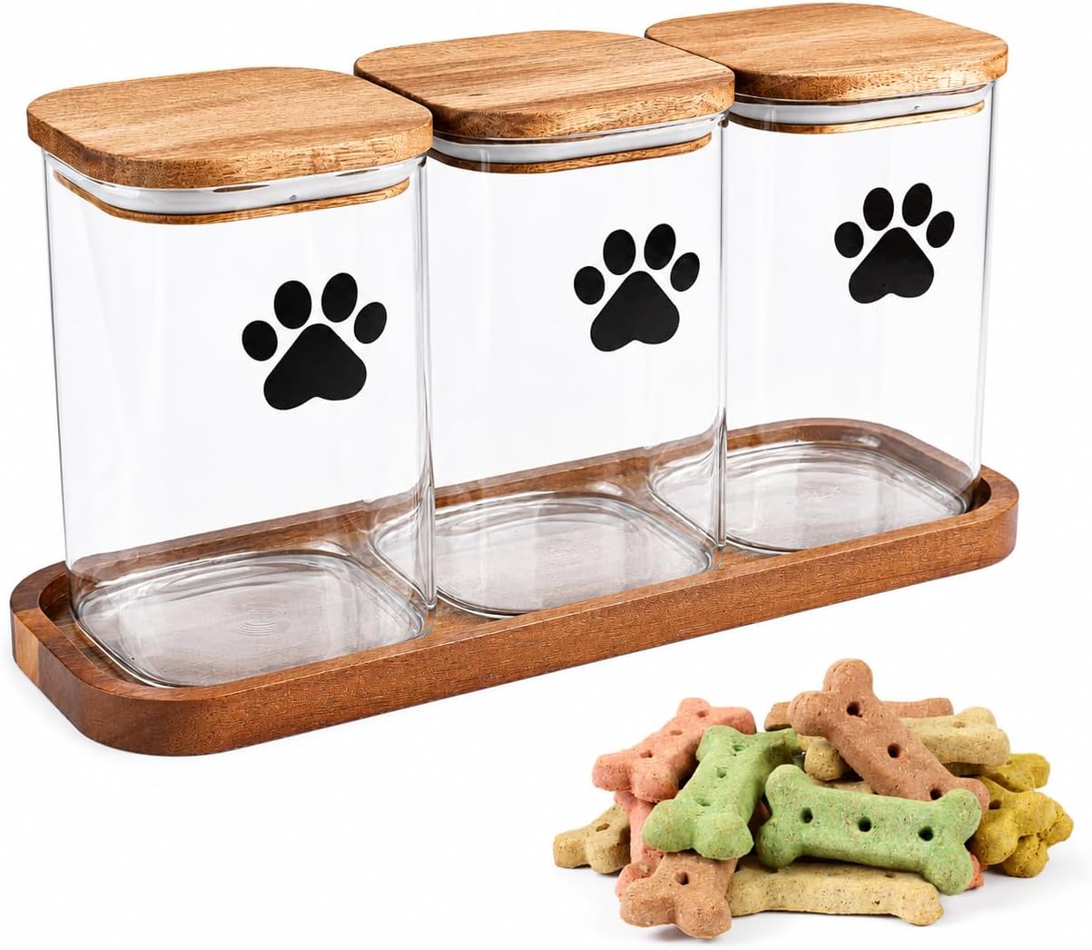 Morezi Dog Treat Container airtight Treats jar for countertop Closet Dog Food Storage 3 Jars with Tray Great for organizing pet Dogs Cats Birds Animal Food Treats Snack Khaki Bar