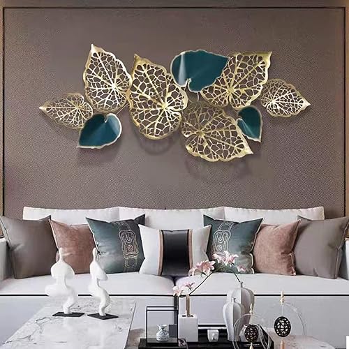 Miniatura 6 de Decoración de pared de metal para sala de estar, decoración de pared de hojas doradas, tamaño grande, 57 x 24.5 pulgadas, arte de pared de metal,