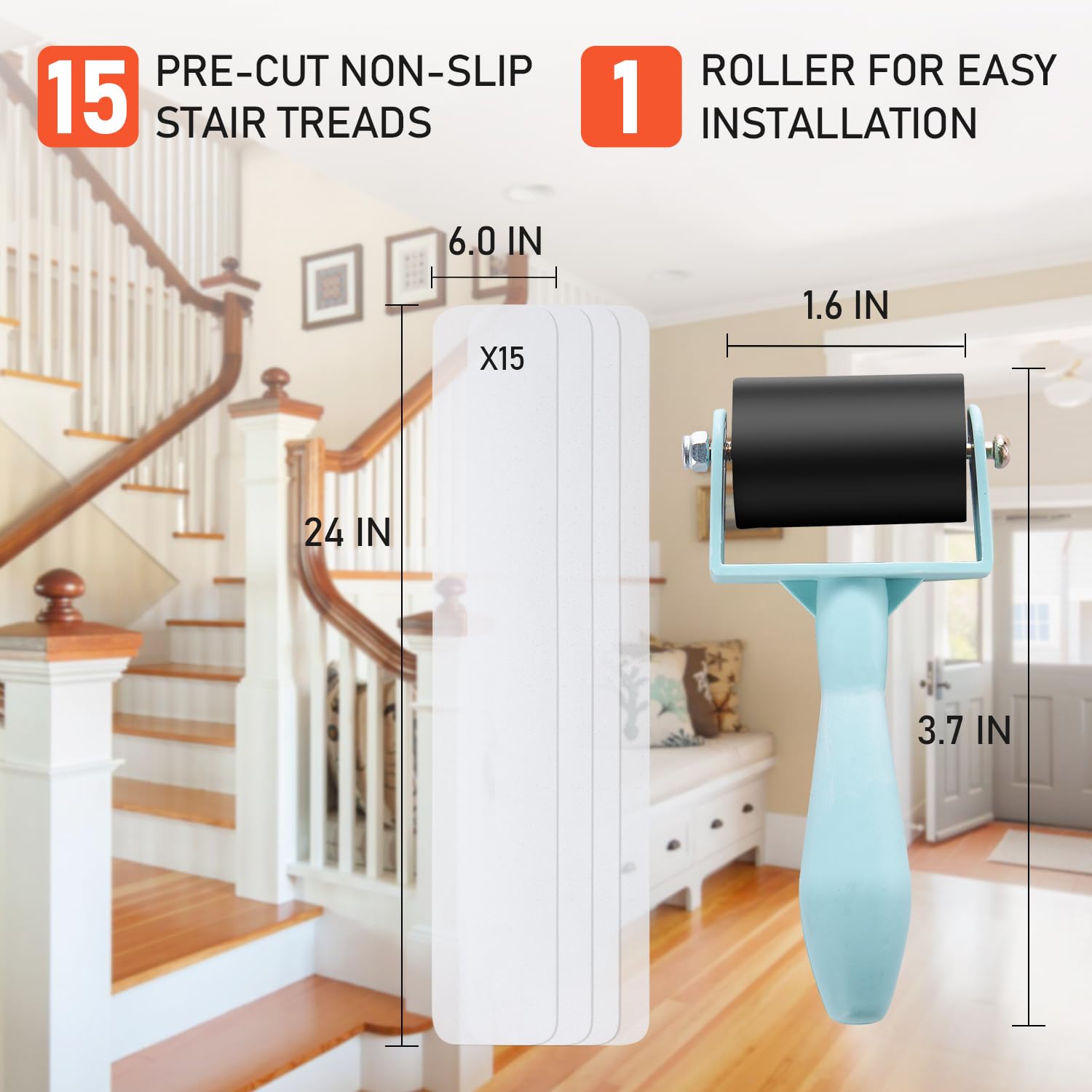 6'' x 24'' Clear Stair Treads Non-Slip, 15 Pack Pre-Cut Transparent Non Slip Stair Treads for Steps, Indoor Outdoor, Waterproof Grip Tape for Stairs, Bathroom, PEVA Safe for Elders, Kids, Pets