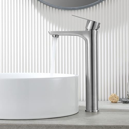 Miniatura 6 de TONNY Grifo de lavabo de baño de níquel cepillado, grifo de baño alto de acero inoxidable para fregadero de buque de un agujero, grifo de tocador de